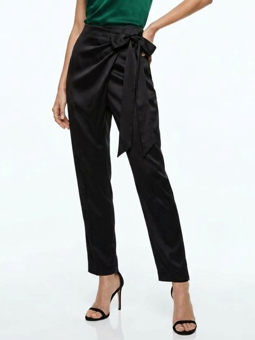White House Black Market - Black Satin Bow Belt Tapered Ankle Pants